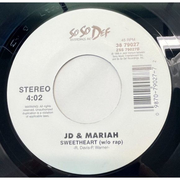JD & Mariah Carey Sweetheart / (w/o Rap) 90s 45 Hip Hop Pop SoSo Def 1998 - Picture 2 of 6